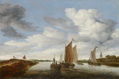 Flusslandschaft mit Segelbooten und einer Pferdebarge von Salomon van Ruisdael or Ruysdael
